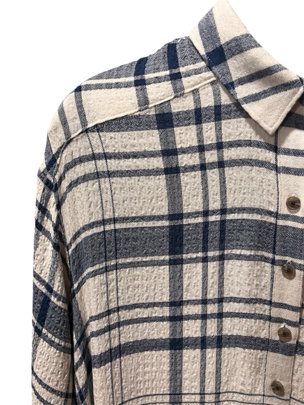 Pilcro Cream and Navy Long-Line Button Front Plaid High-Low Shirt Dress - Picture 6 of 15